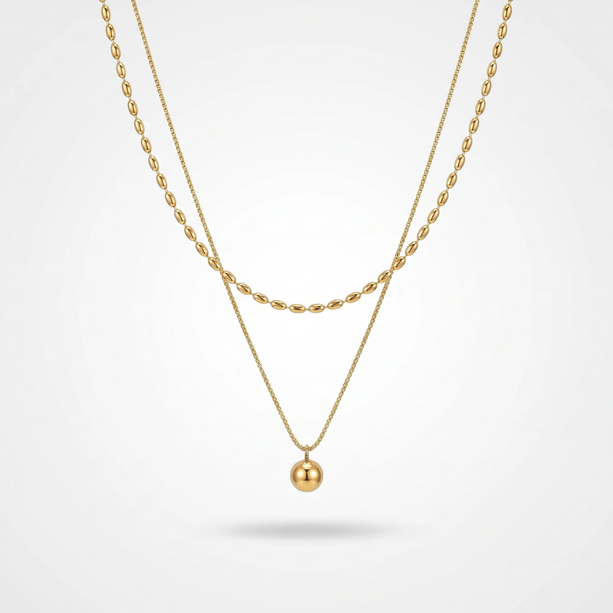 QIAOREN 13530 Double Layer Two-tone Oval Rice Bead & Thin Snake Chain Necklace, Single Smooth Round Ball Pendant Gold Stack