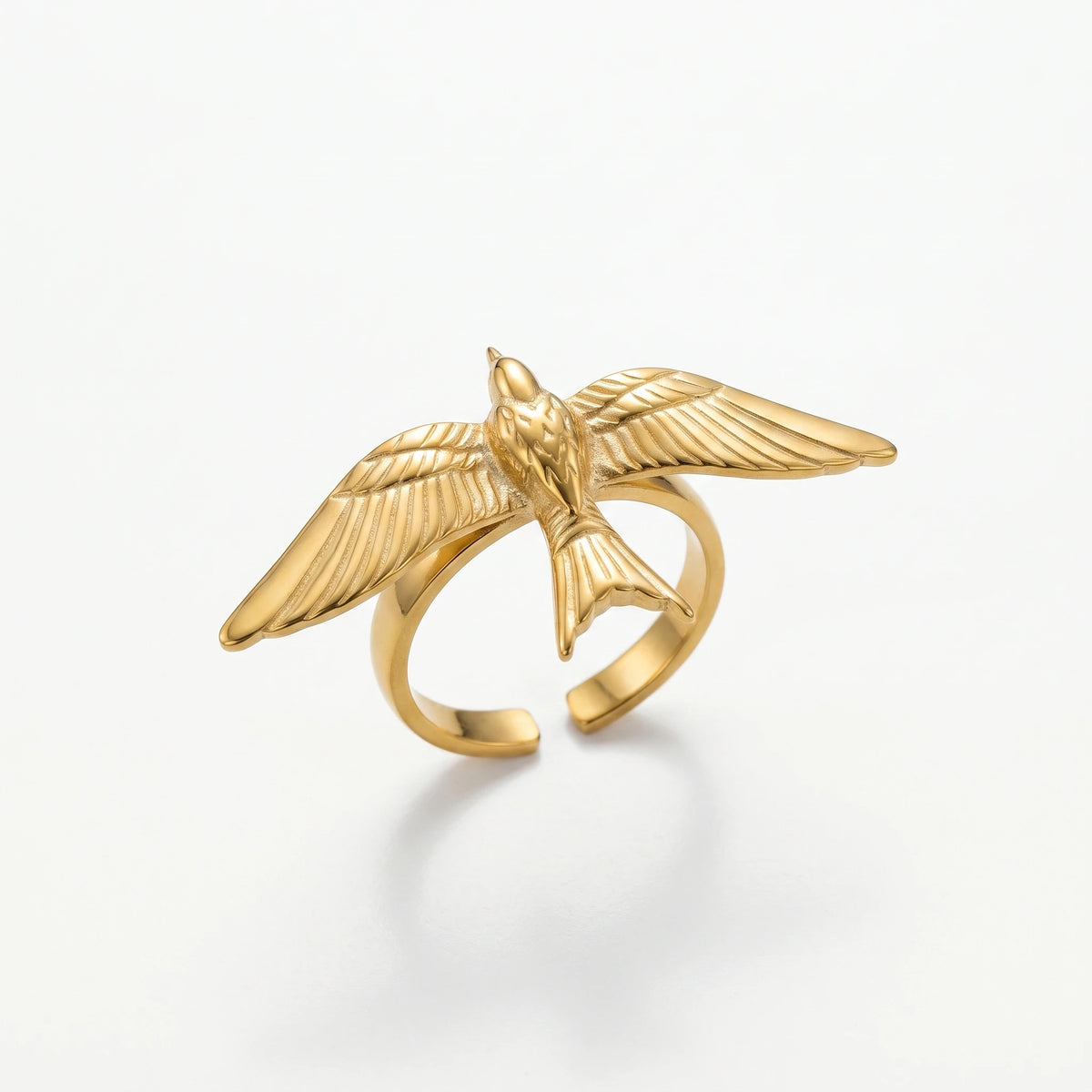 QIAOREN 14304-13 Women's Stainless Steel Vintage Bird -Face Bow Open Cuff Ring Set Adjustable Stackable 18K Gold Plated