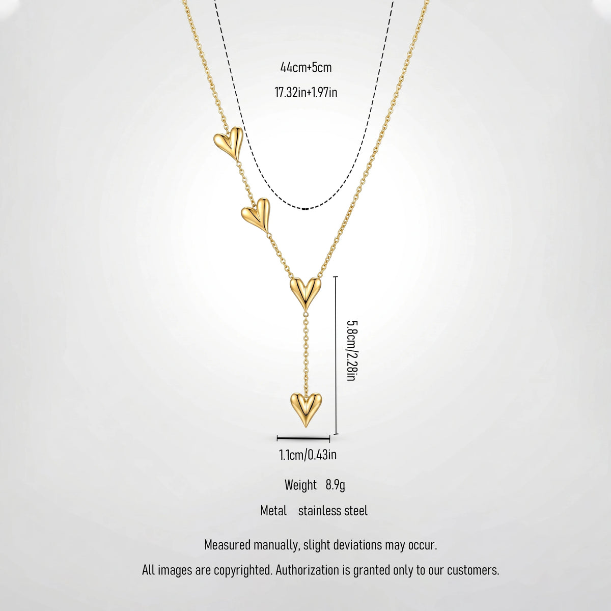 QIAOREN 12880 18K Gold Plated Puffy Heart Y Necklace, Waterproof Tarnish Free Stainless Steel Lariat Heart Jewelry for Women