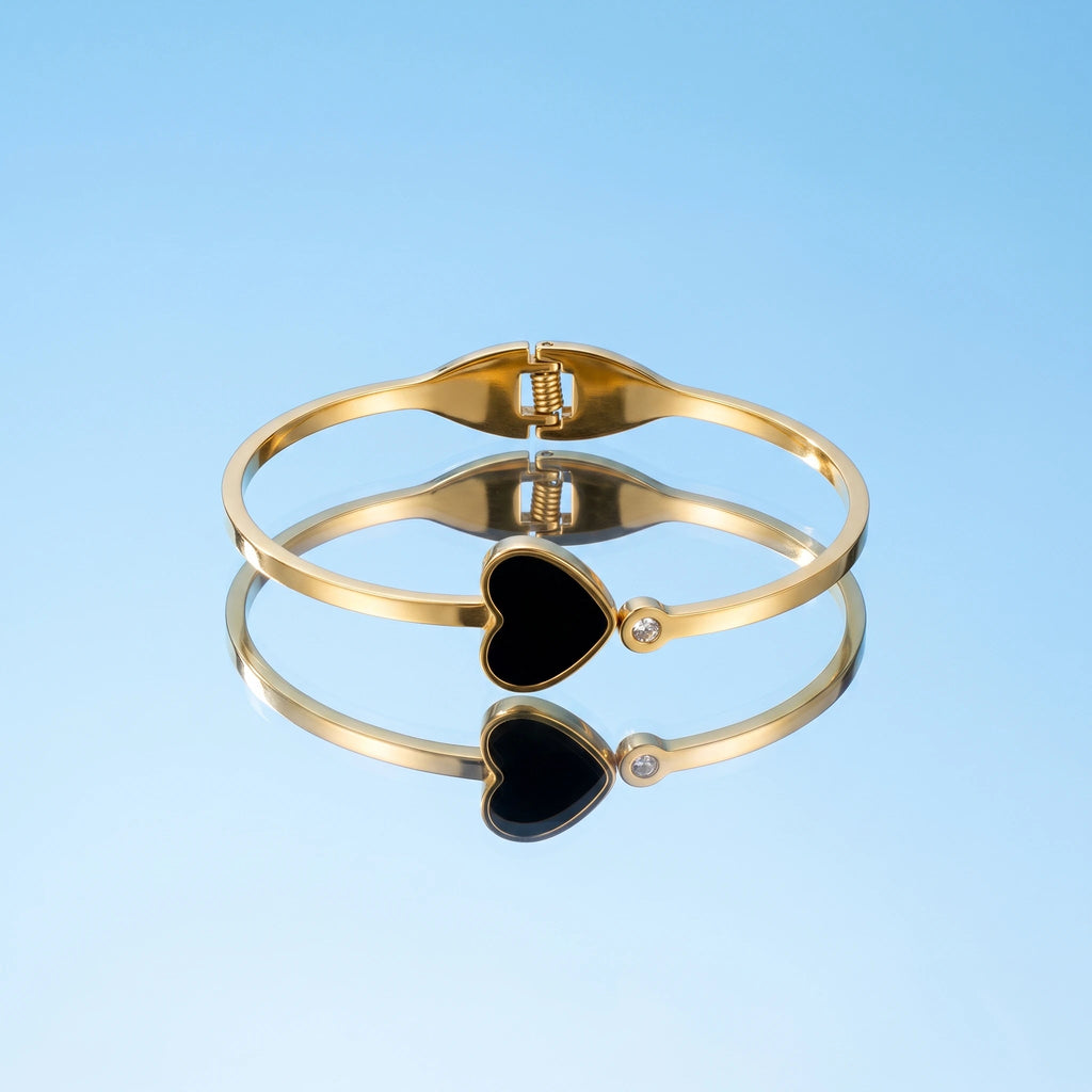 QIAOREN 13655 Opening Thin Bangle with Solid Black Enamel Heart & Tiny Side Zircon Charm Bangle