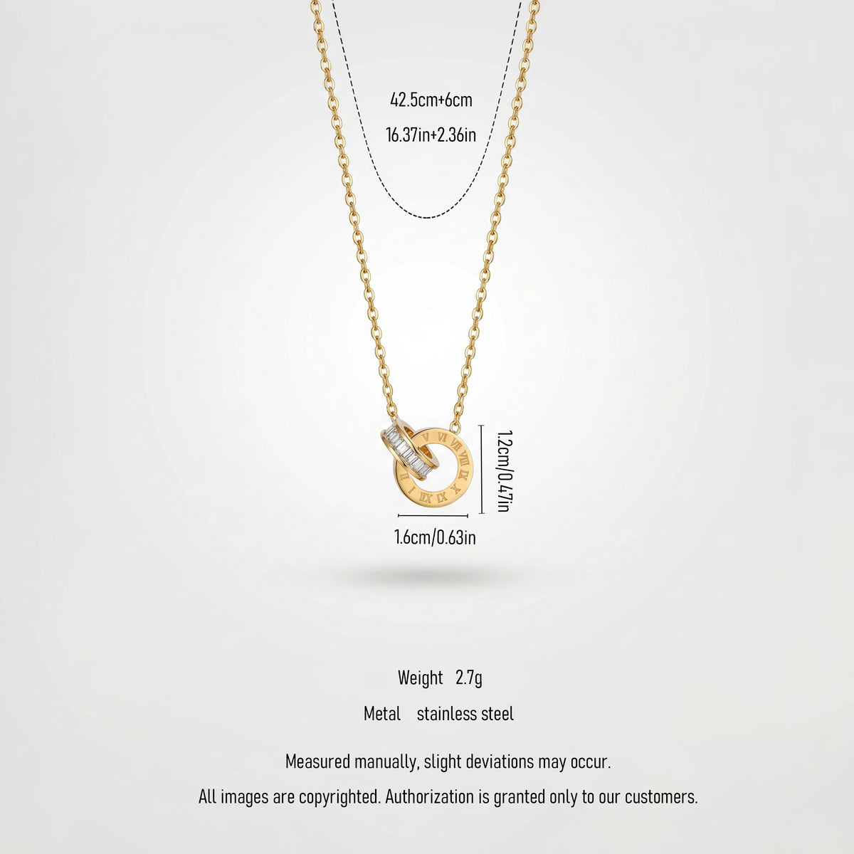 QIAOREN 13175 Stainless Steel Roman Numeral Interlocking Ring Pendant Necklace Gold Plated Minimalist Circle Jewelry for Women