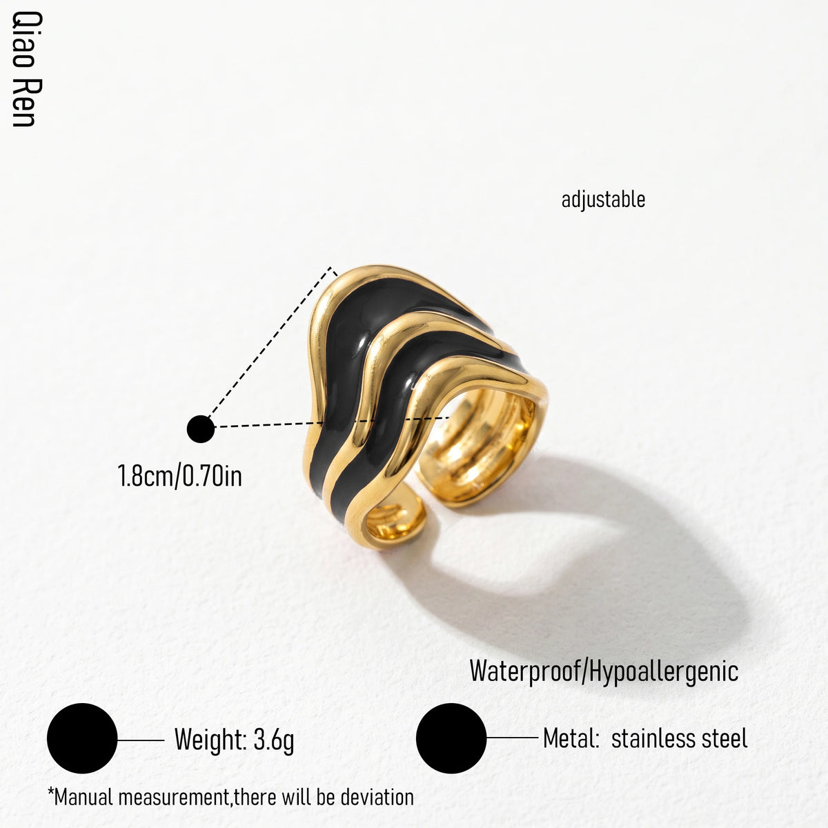 QIAOREN 14226-31 Black Enamel Irregular Wave Open Ring Set, Abstract Curved Adjustable Stackable Ring Jewelry Gift