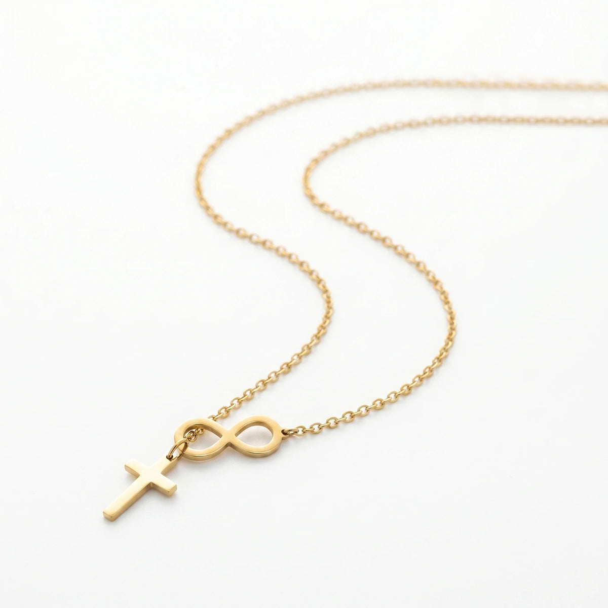 QIAOREN 11247 Tarnish Resistant Waterproof 18K Gold Plated Stainless Steel Infinity Cross Pendant Necklace for Women