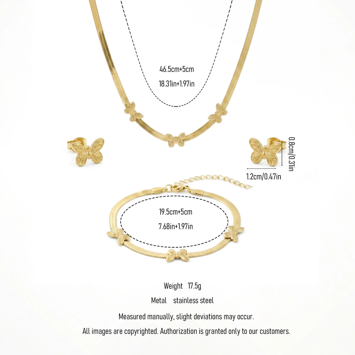 QIAOREN 11690 Tarnish Free 18K Gold Stainless Steel Butterfly Herringbone Jewelry Set Necklace Bracelet Earrings