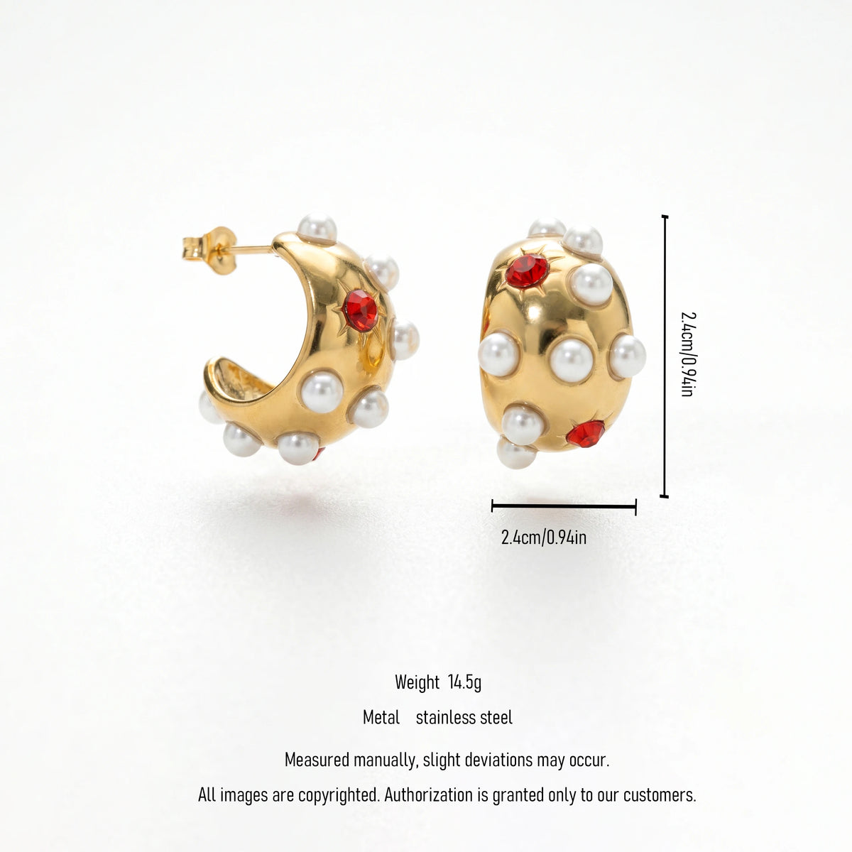 QIAOREN 12436Vintage Geometric 18K Gold Plated Stainless Steel Stud Earrings Red Starburst Chunky Hoops Women