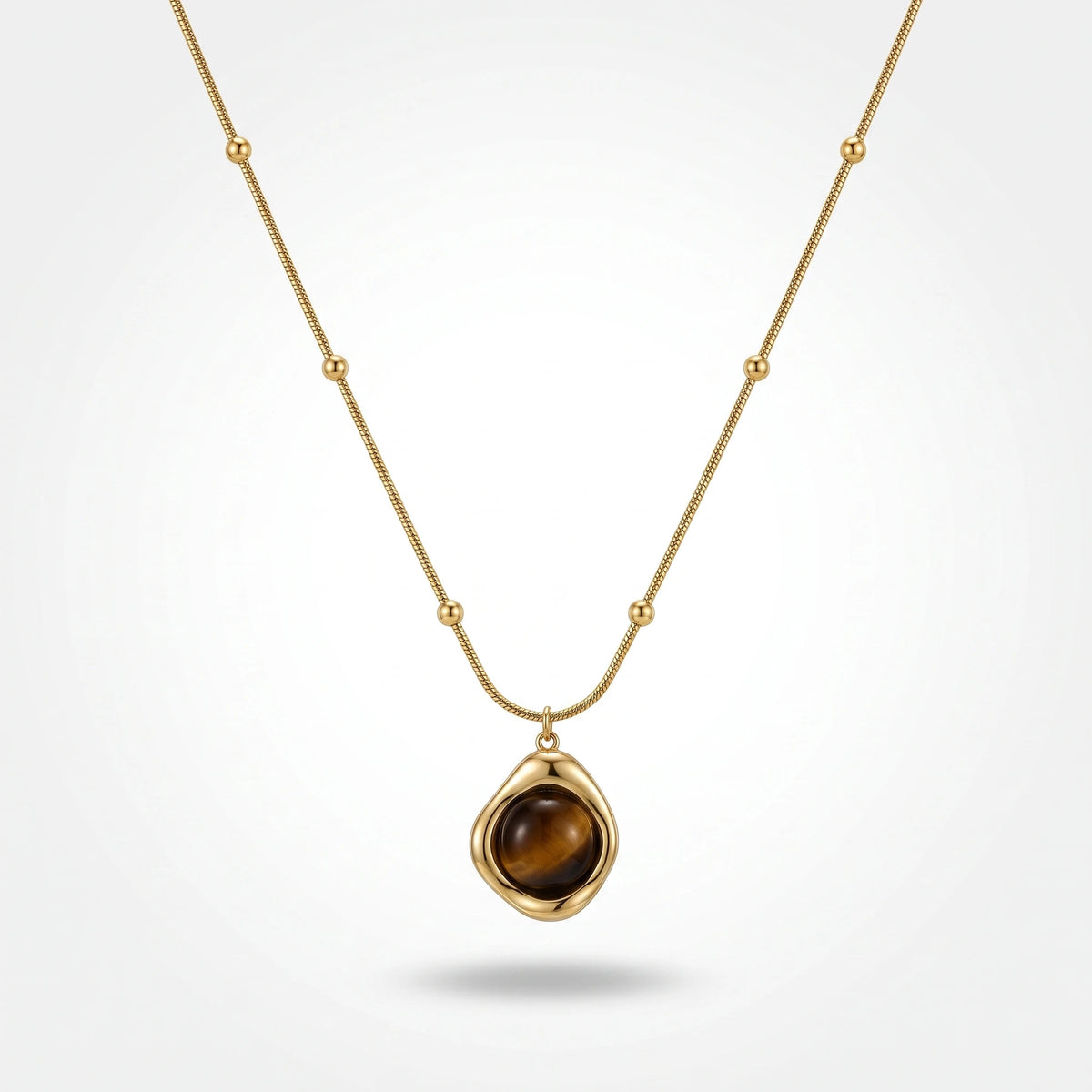 QIAOREN 13472 Vintage Tiger Eye Pendant Necklace with Beaded Snake Chain, Irregular Gold Frame Natural Stone Neck Jewelry Gift