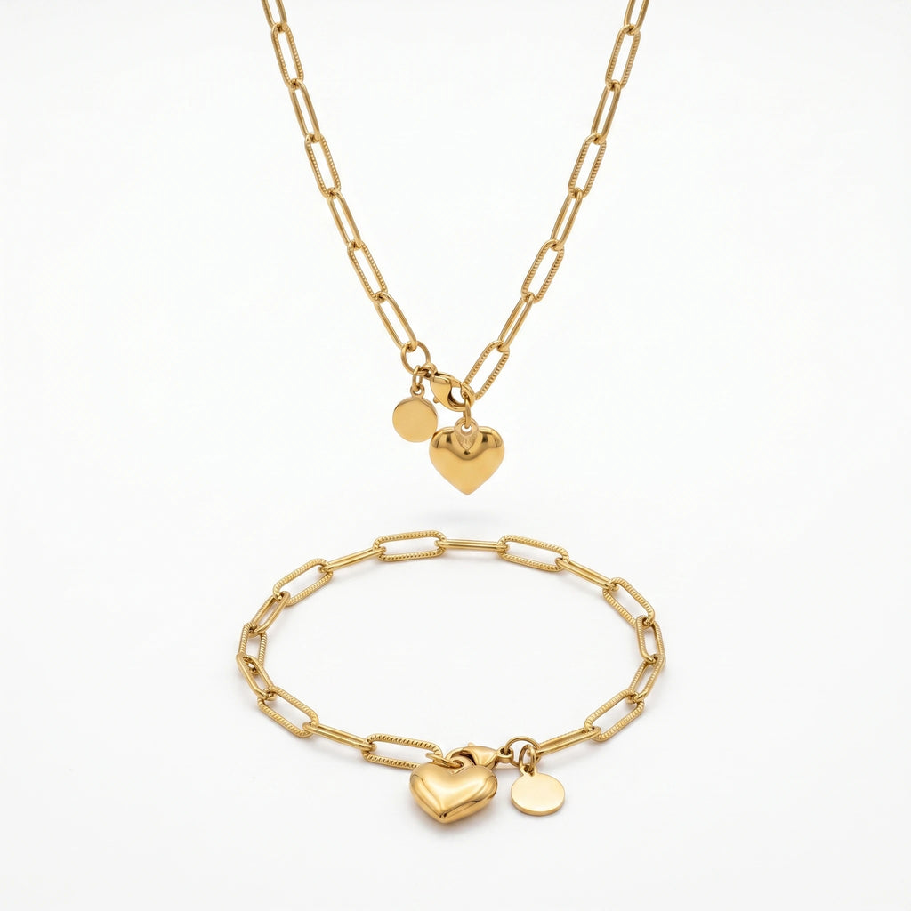 QIAOREN 10641 Stainless Steel Trendy Geometric Heart Charm Jewelry Set 18K Gold Plated Paperclip Necklace Bracelet for Women