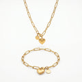 QIAOREN 10641 Stainless Steel Trendy Geometric Heart Charm Jewelry Set 18K Gold Plated Paperclip Necklace Bracelet for Women