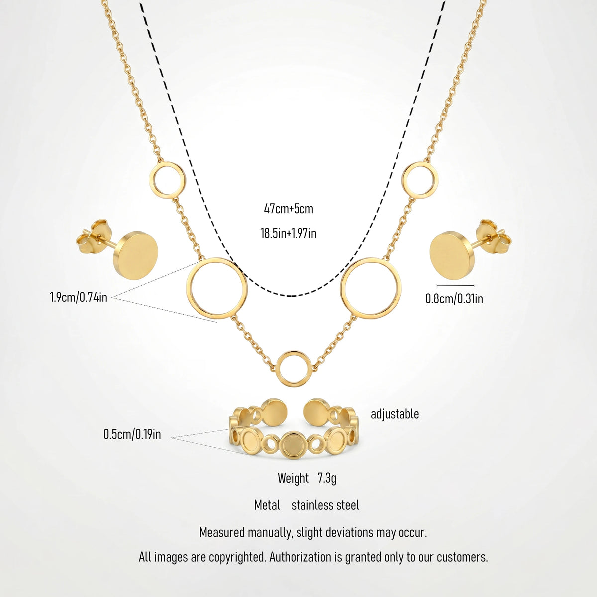 QIAOREN 11649 Versatile Gold Circle Jewelry Set 18K Stainless Steel Necklace Earrings Ring for Office Daily Wear