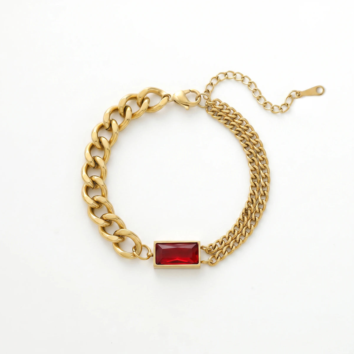 QIAOREN 13358 Gold Plated Stainless Steel Cuban Link Bracelet Red Crystal Chunky Chain Statement Jewelry for Women