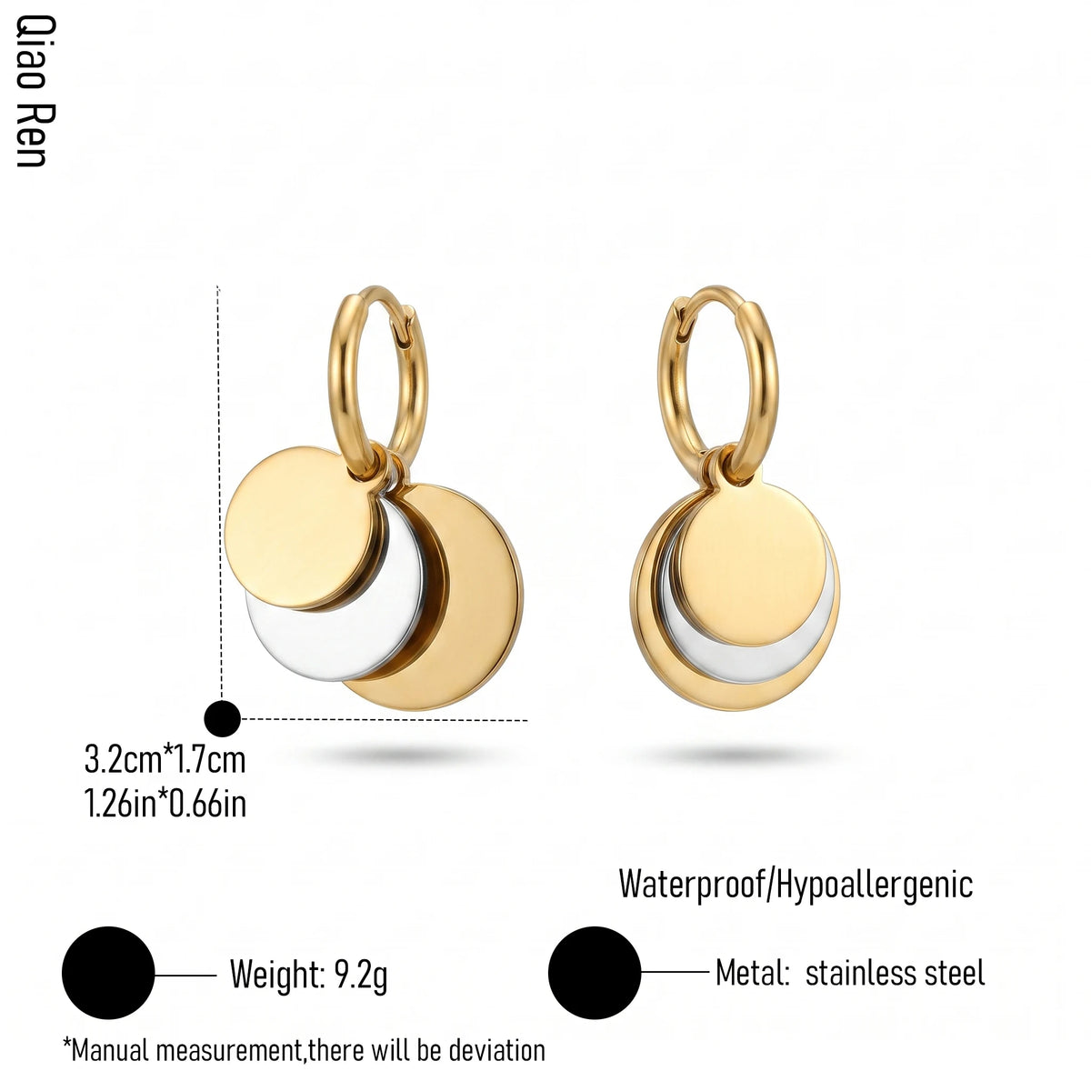 QIAOREN 14423 Two Tone Multi Disc Charm Huggie Hoop Earrings, Stainless Steel Small Hoop Earrings Jewelry Gift for Daily Outfits