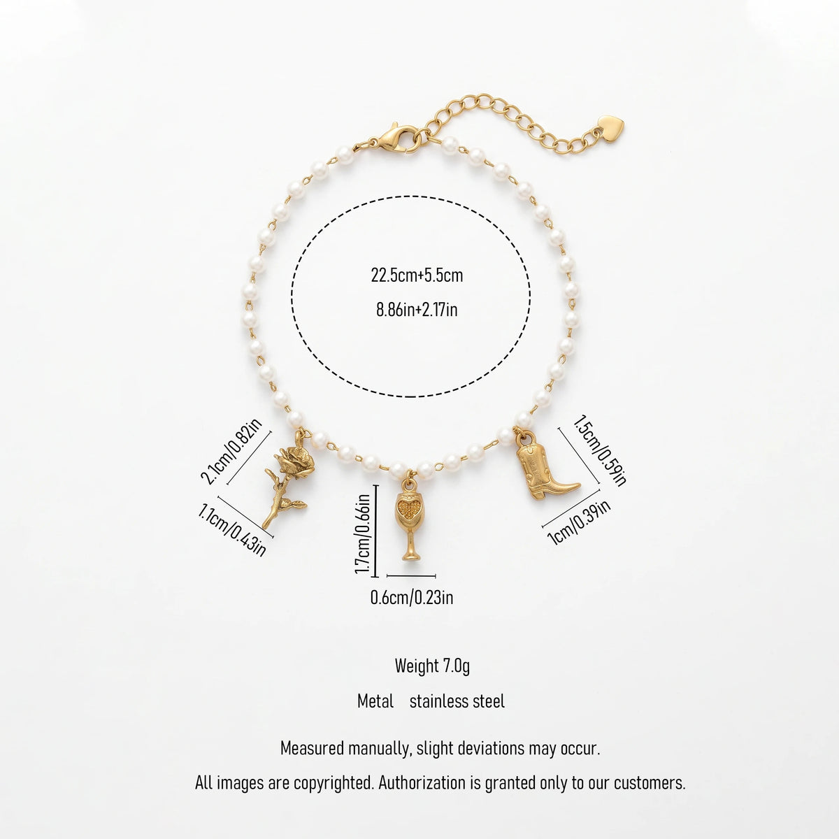 QIAOREN 13317 Delicate Pearl Anklet with Rose, Wine Glass & Boot Charms, Western Retro Foot Jewelry Gift for Daily Wear
