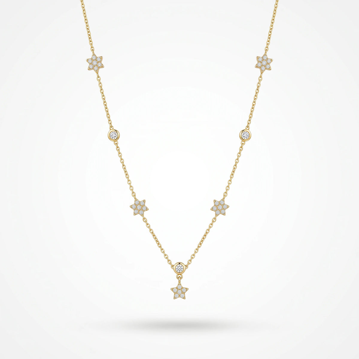 QIAOREN 13511 Shiny Star Crystal Station Necklace with Multi Size Six-pointed Star & Round Zircon Charms Necklace
