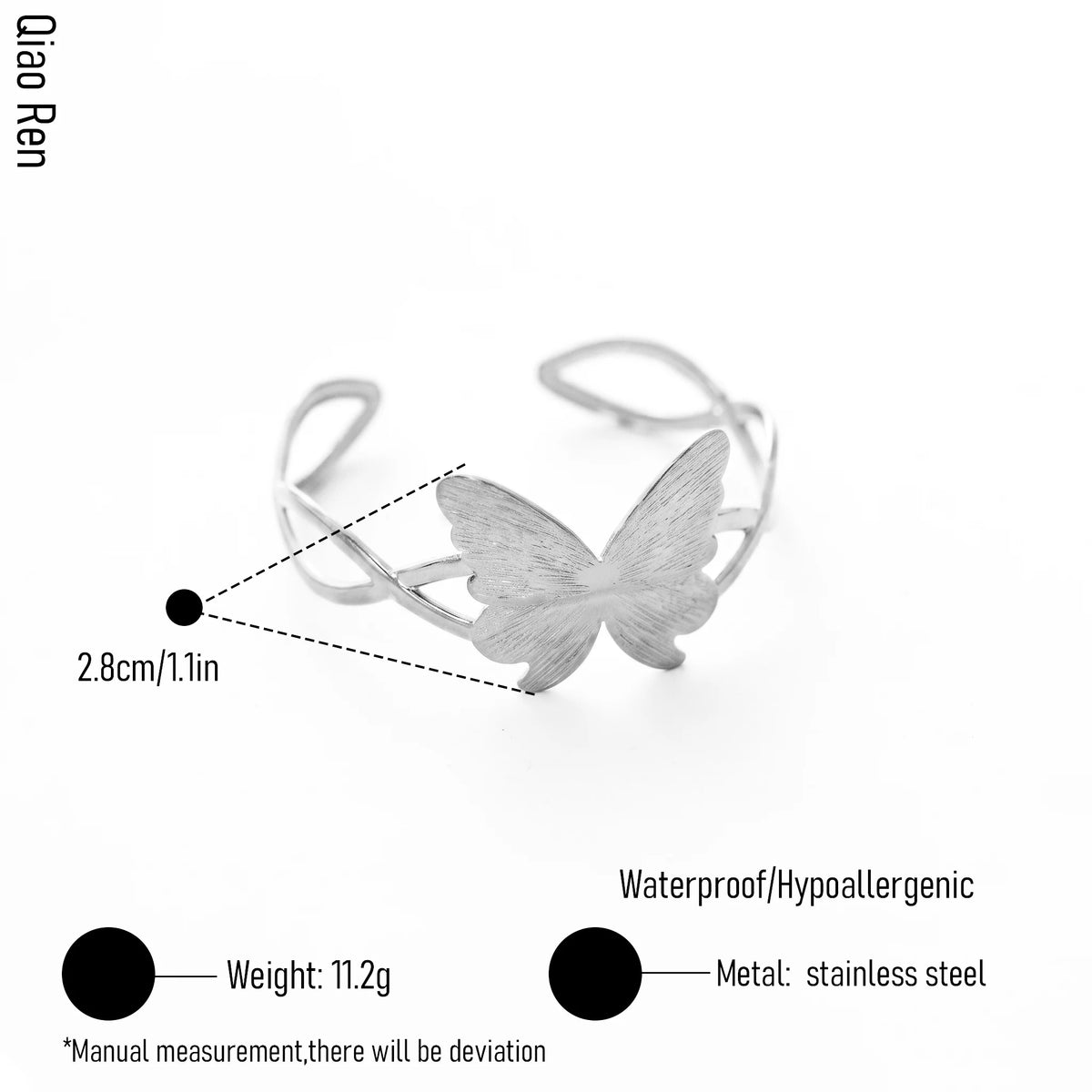 QIAOREN 14108 Stainless Steel Butterfly Open Cuff Bracelet Waterproof Hypoallergenic Jewelry OEM ODM