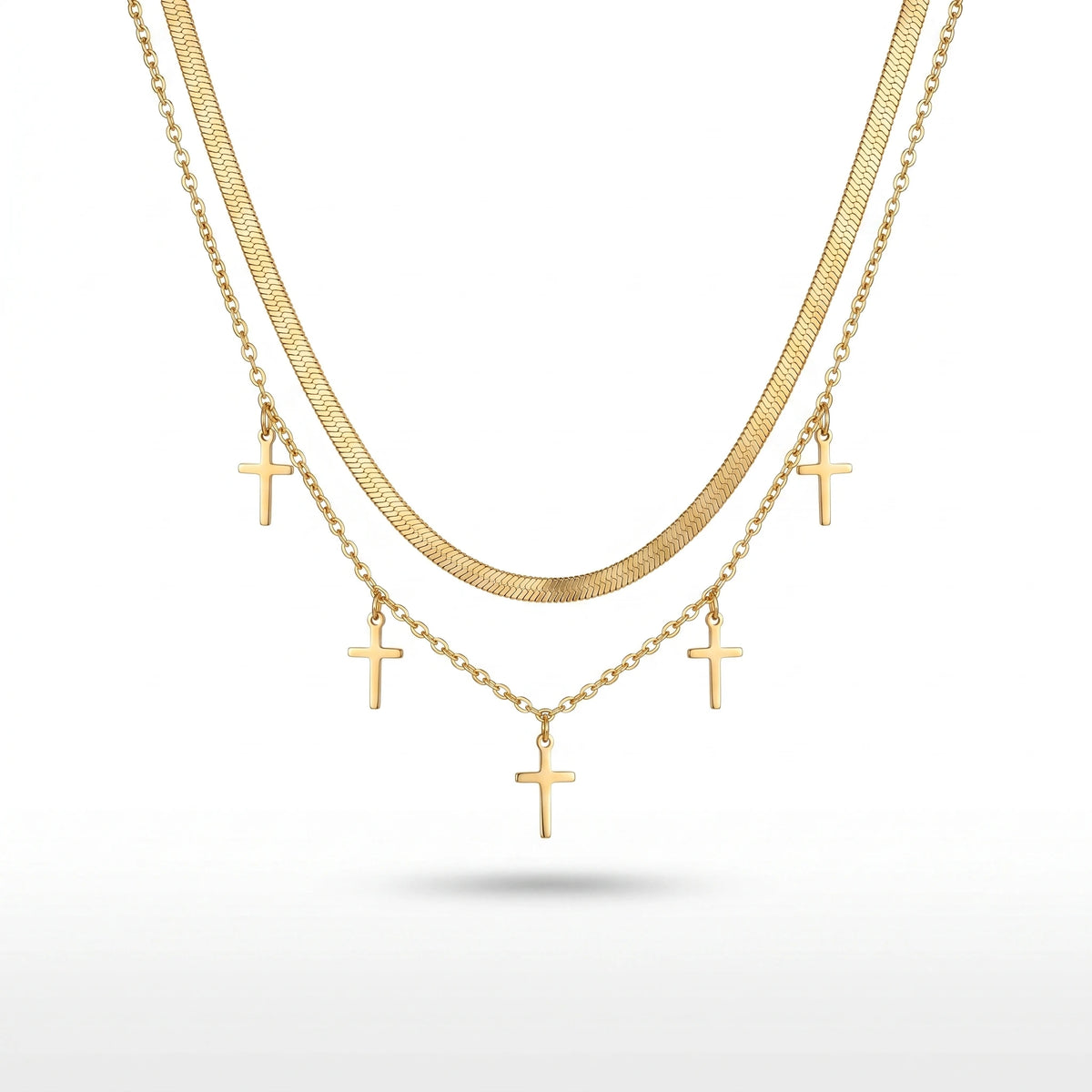 QIAOREN 11901 Women's 18K Gold Plated Stainless Steel Anti-Tarnish Double Layer Herringbone Chain Trendy Party Multiple Necklace