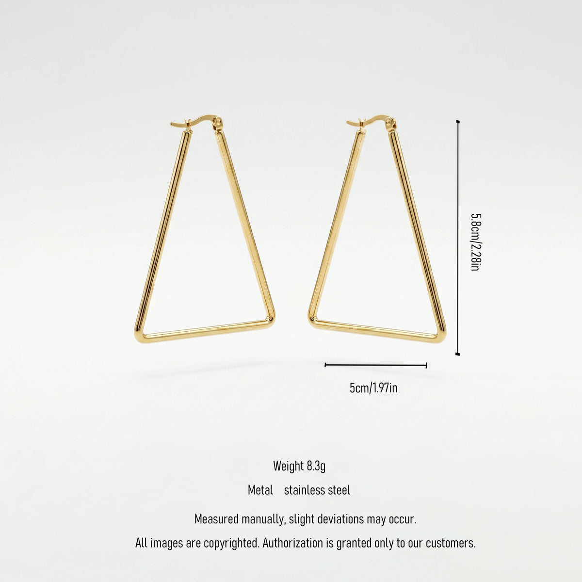 QIAOREN 12332 Waterproof Tarnish Free Triangle Hoop Earrings Gold Stainless Steel Sleek 3-Sided Triangular Latchback Hoops US EU