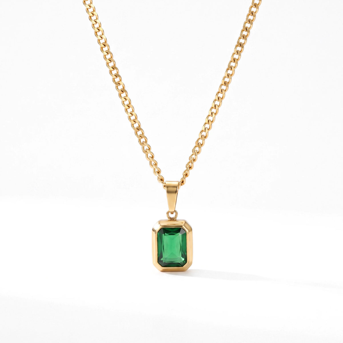 QIAOREN 14375 Emerald Cut Green Zirconia Rectangle Pendant Curb Chain Necklace, Stainless Steel Jewelry Gift
