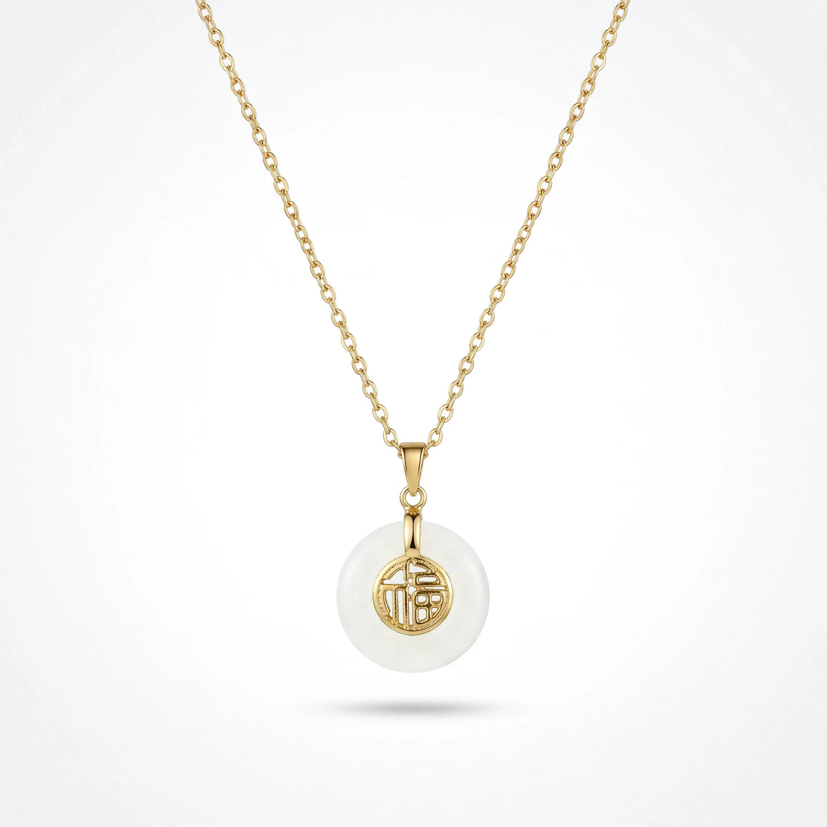QIAOREN 13758-59  Thin Oval Link Chain Pendant Necklace with Green Jade Peace Donut Charm Inlaid Hollow Chinese Fu
