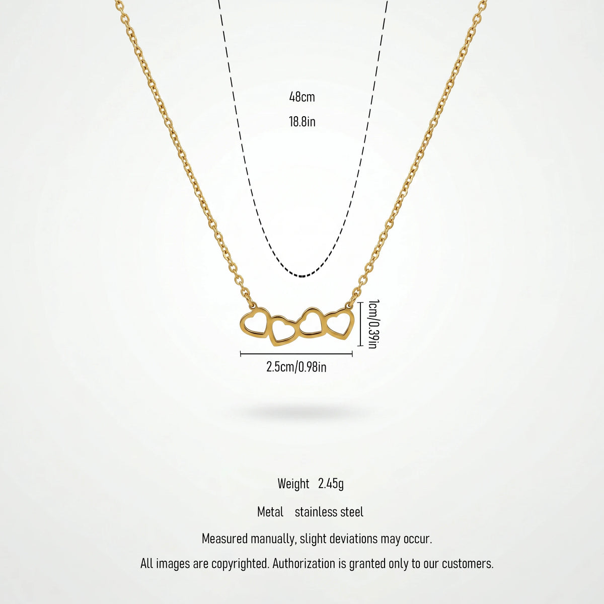 QIAOREN 11940 Trendy Four Linked Heart Necklace Stainless Steel 18K Gold Plated Dainty Interlocking Love Jewelry for Women US EU