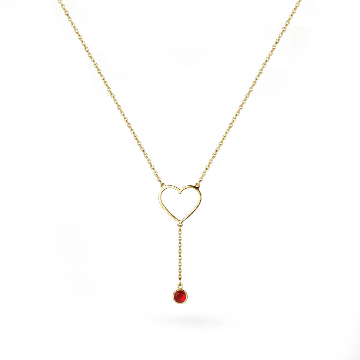 QIAOREN 11818 Waterproof Hollow Heart Lariat Necklace 18K Gold Stainless Steel Red CZ Drop Beach-Ready Summer Vacation Jewelry