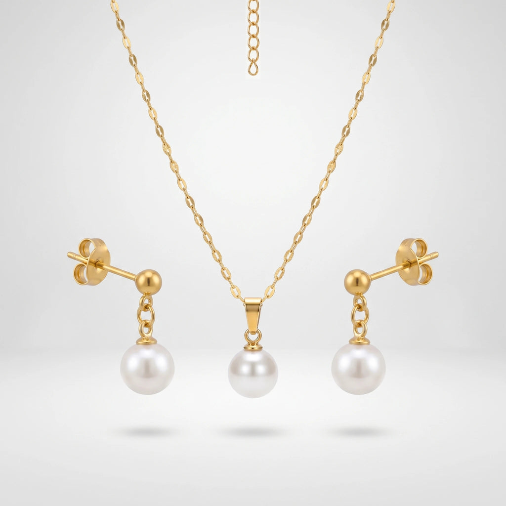 QIAOREN 11077 Contemporary Pearl Jewelry Set Stainless Steel Gold Pendant Necklace Elegant Gift for Women