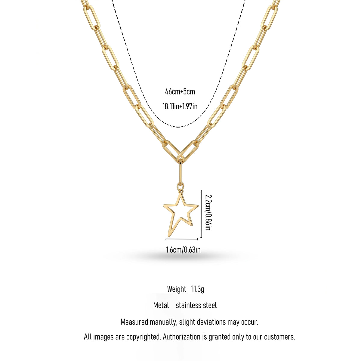 QIAOREN  11959 Gold Plated Stainless Steel Paperclip Chain Necklace Hollow Open Star Drop Pendant Dainty Daily Jewelry Gift