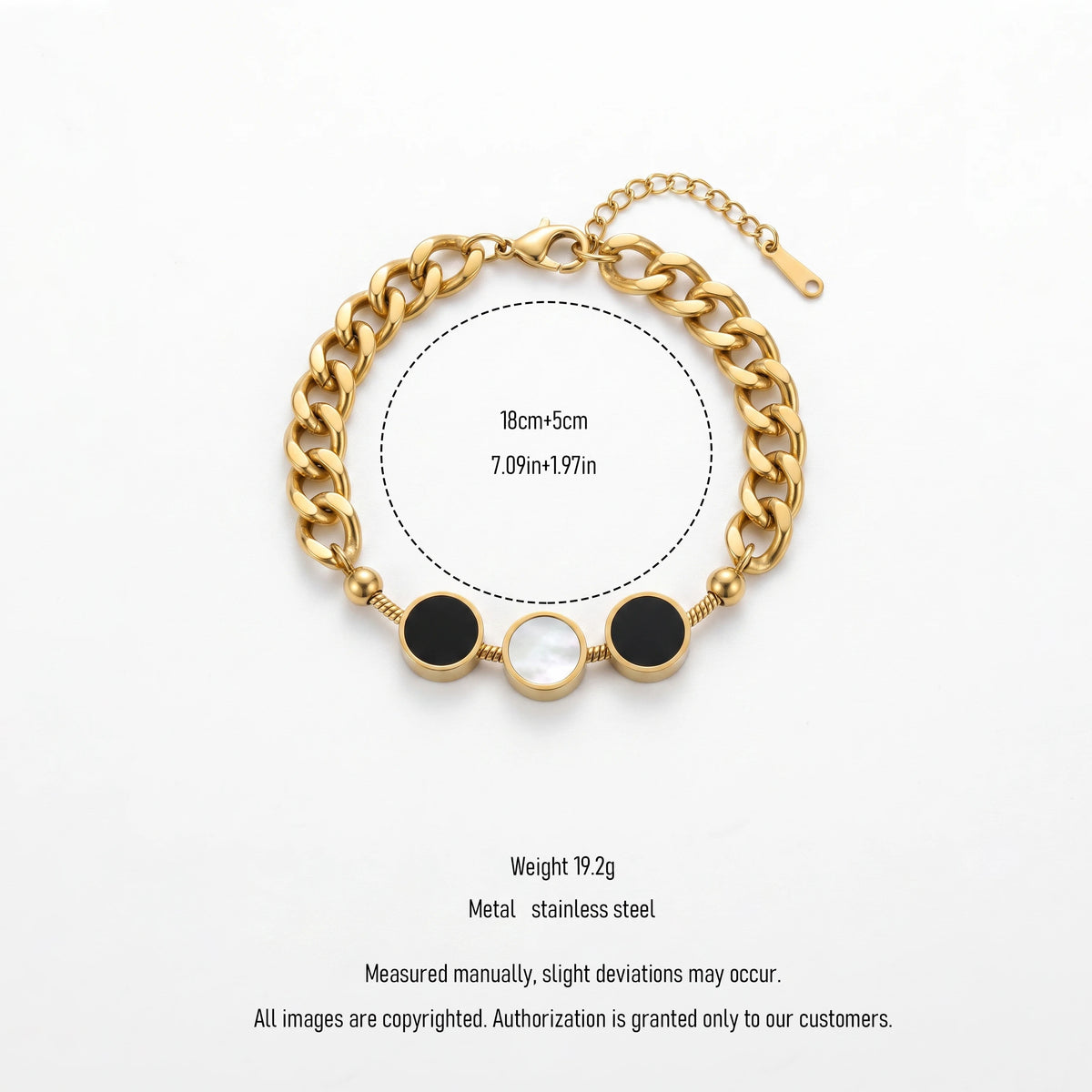QIAOREN 13764 Thick Cuban Curb Chain Bracelet with Three Round Inlaid Charms,  Extender Lobster Clasp