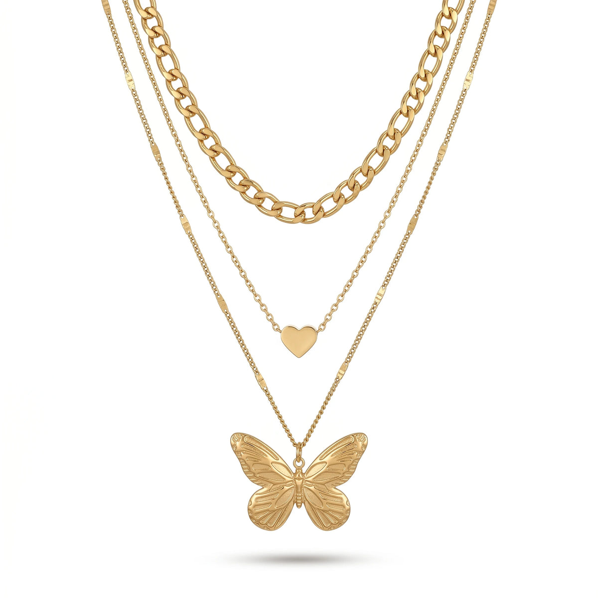 QIAOREN 11325 Dainty Chunky Figaro Chain Layered Necklace With Butterfly & Heart Charms 18K Gold Plated Stainless Steel
