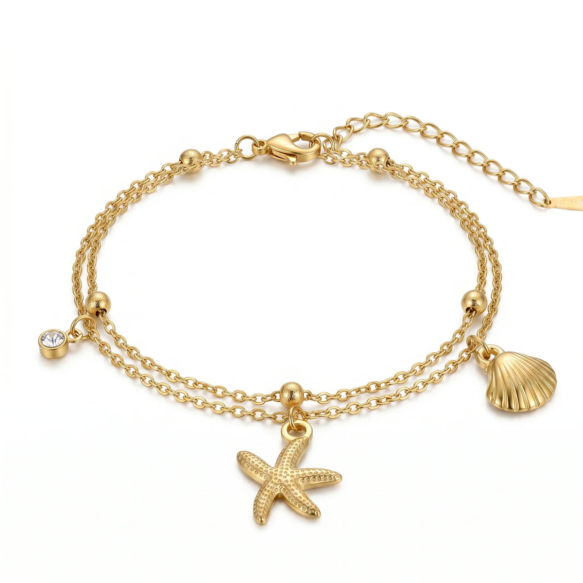 QIAOREN 11437 Dainty Boho Ocean Theme Bracelet With Starfish Seashell CZ Accent 18K Gold Plated Stainless Steel