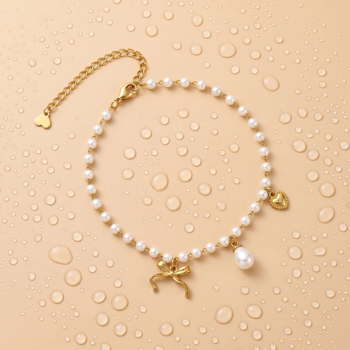 QIAOREN 13325 Dainty Pearl Anklet with Bow, Teardrop Pearl & Rhinestone Heart Charms, Elegant Sweet Foot Jewelry Gift