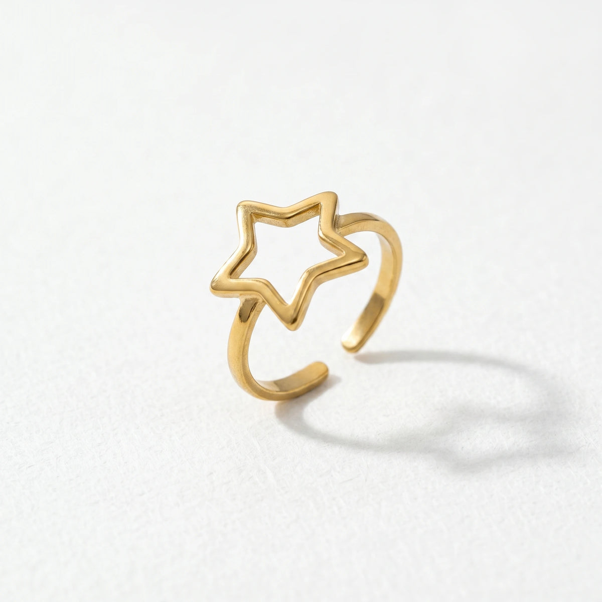 QIAOREN 13071-75 5Pcs 18K Gold Plated Stainless Steel Open Ring Set, Adjustable Stackable Hollow Star & Heart Finger Rings