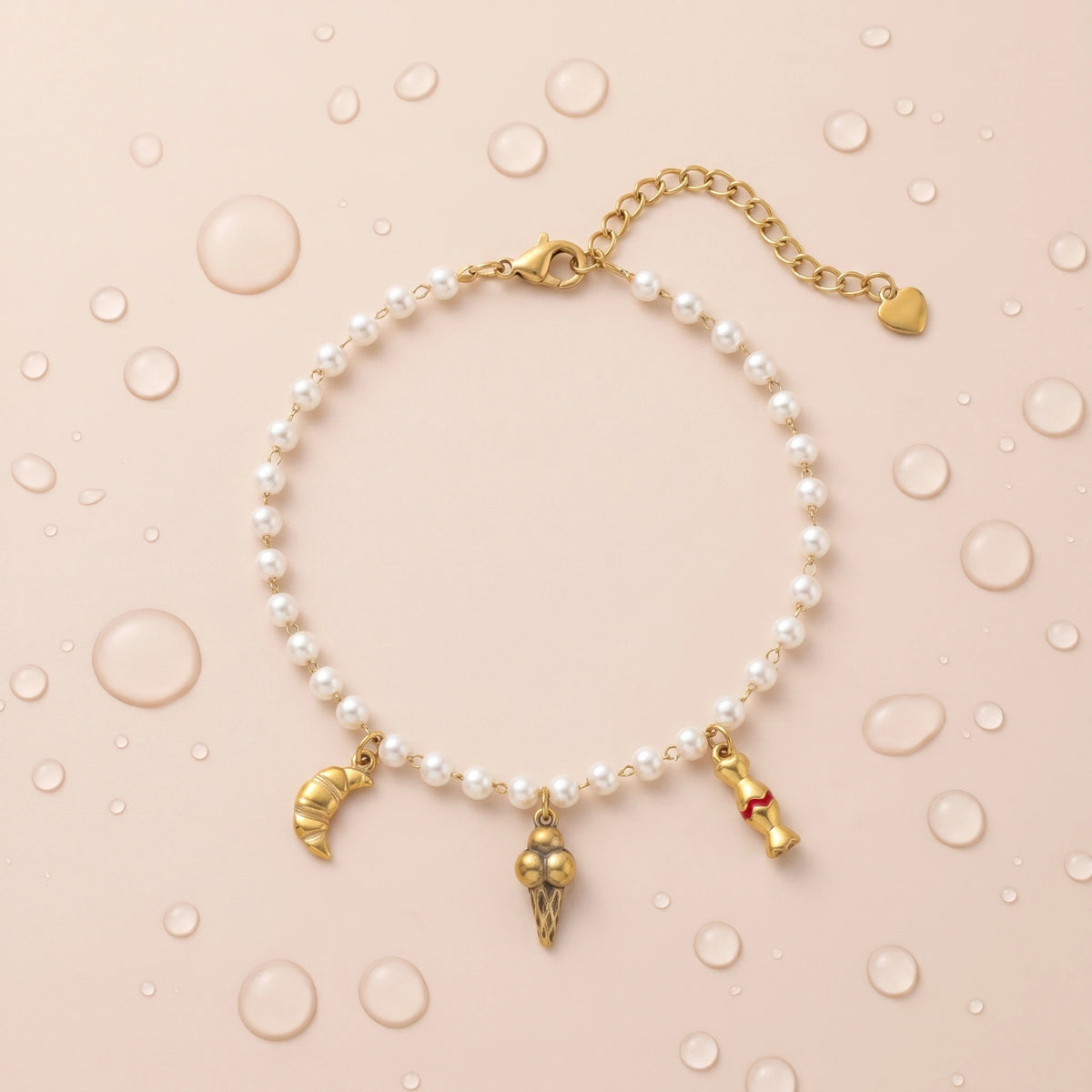 QIAOREN 13310 Pearl Beaded Anklet Gold Stainless Steel Ice-cream Candy Bread Charms Extender Dainty Summer Jewelry Gift