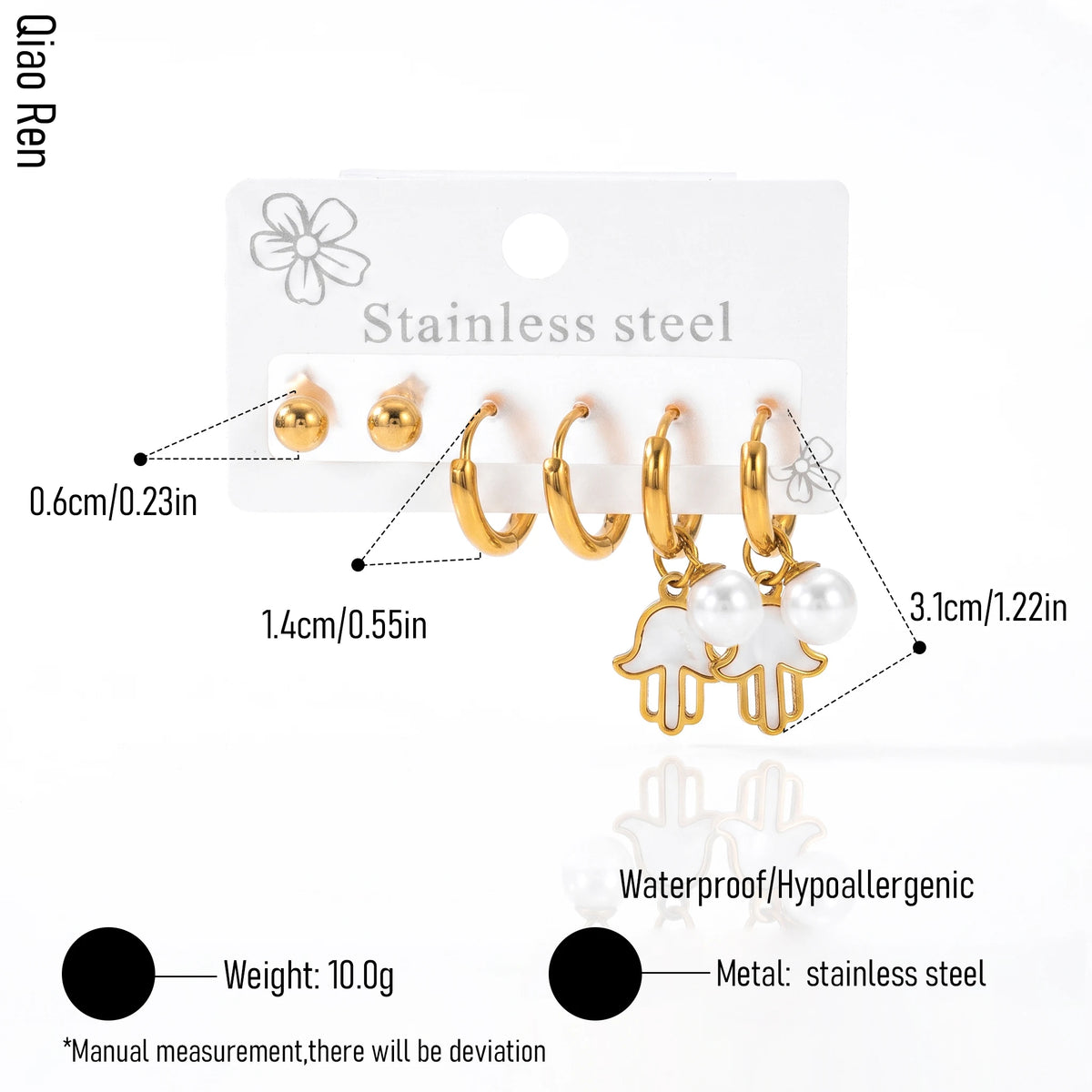 QIAOREN 14500 3 Pcs Stainless Steel Hamsa Hand Drop Earrings, Pearl Huggie Hoops, Ball Stud Earrings, Enamel Hand Charm Earrings