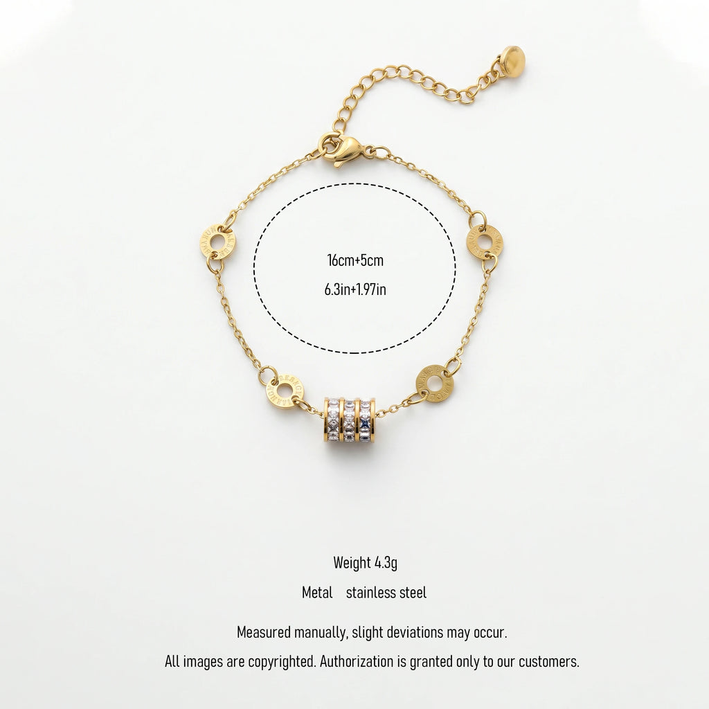 QIAOREN 13314 Luxury Crystal Rolling Bead Bracelet 18K Gold Plated Stainless Steel Engraved Round Disc Lobster Clasp Chain