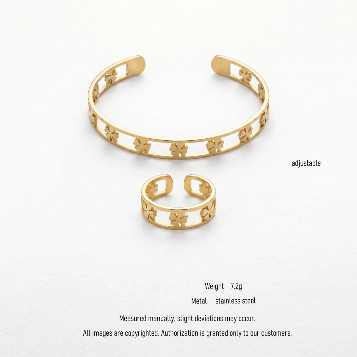 QIAOREN 10915 18K Gold Plated Clover Cuff Bracelet & Ring Set Trendy Stainless Steel Hypoallergenic Waterproof Jewelry for Women
