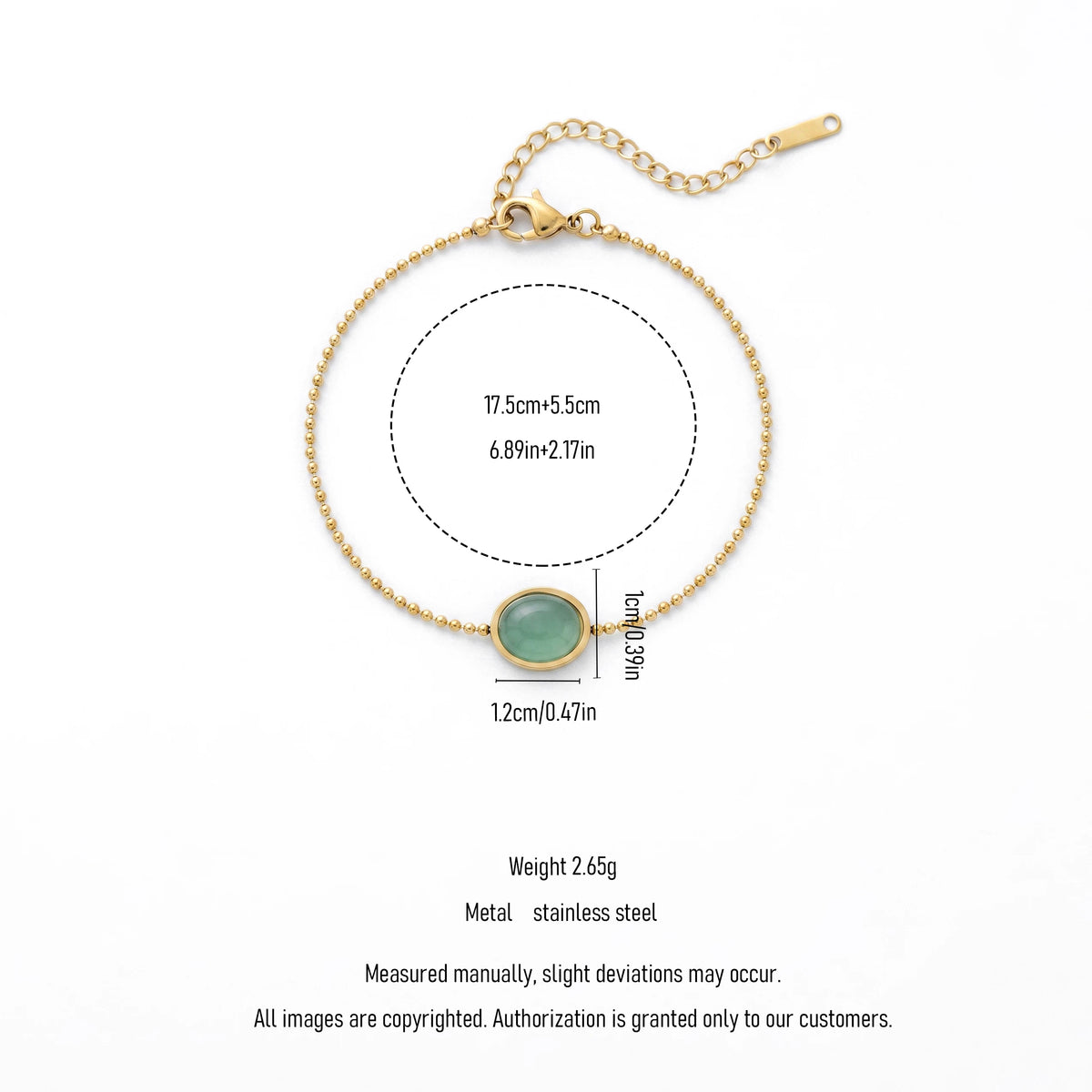 QIAOREN 13303 Dainty Ball Chain Bracelet Gold Stainless Steel Oval Natural Green Jade Stone Lobster Clasp Extender Waterproof
