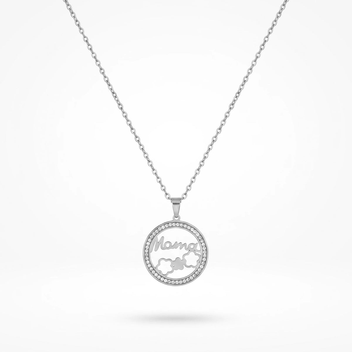 QIAOREN 12235 Trendy CZ Pave Mama Necklace Gold Stainless Steel Circle Mother's Day Gift Flower Pendant Jewelry for Women US EU