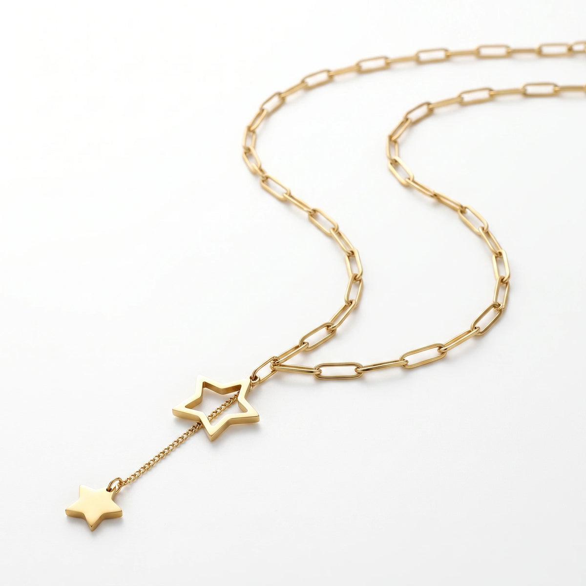 QIAOREN 13930 Paperclip Link Chain Lariat Y Drop Necklace with Hollow Open Star & Solid Flat Star Pendant