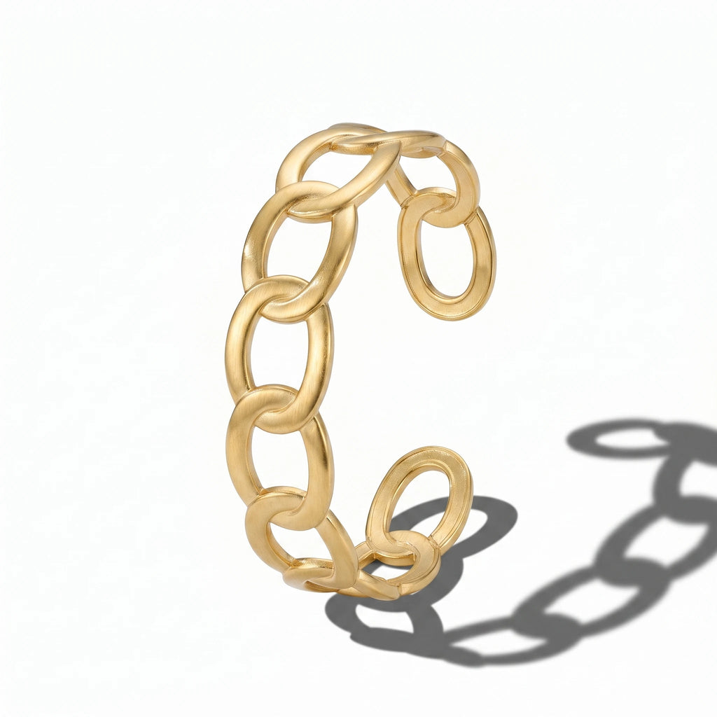QIAOREN 12707 Minimalist Interwoven Oval Link Cuff Bracelet Stainless Steel Adjustable Open Gold Ladies Accessory