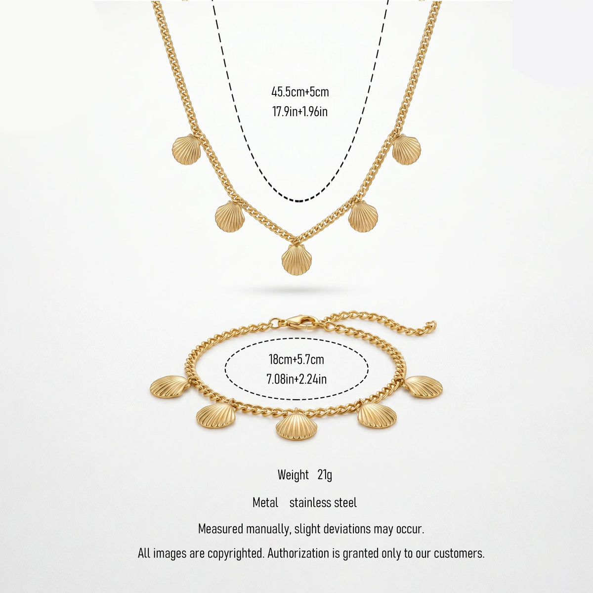 QIAOREN 11932 Trendy Scallop Shell Necklace Bracelet Set Stainless Steel Gold Curb Chain Summer Beach Jewelry for Women US EU