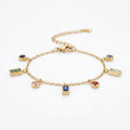 QIAOREN 13294 Gold Plated Stainless Steel Colorful Cubic Zirconia Station Bracelet Geometric Charm Chain for Women