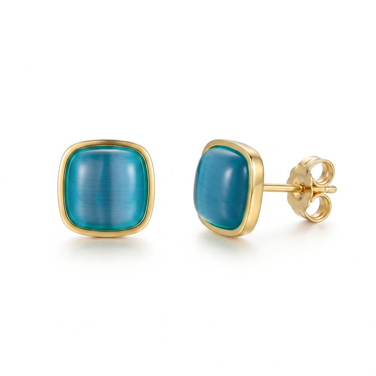 QIAOREN 13705-08 Square Cat Eye Stone Stud Earring Set, Multi Color Pink Blue Green White Smooth Cabochon Gem Gold Jewelry