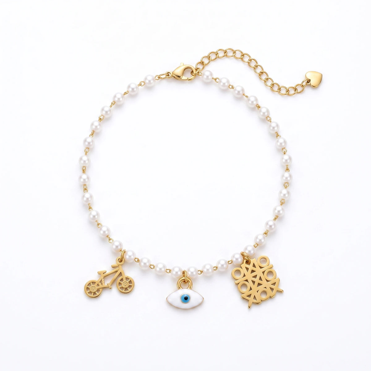 QIAOREN 13332 Vintage Pearl Anklet with Bicycle, Geometric Hollow Charms, Retro Unique Foot Jewelry Gift for Ladies Trendy