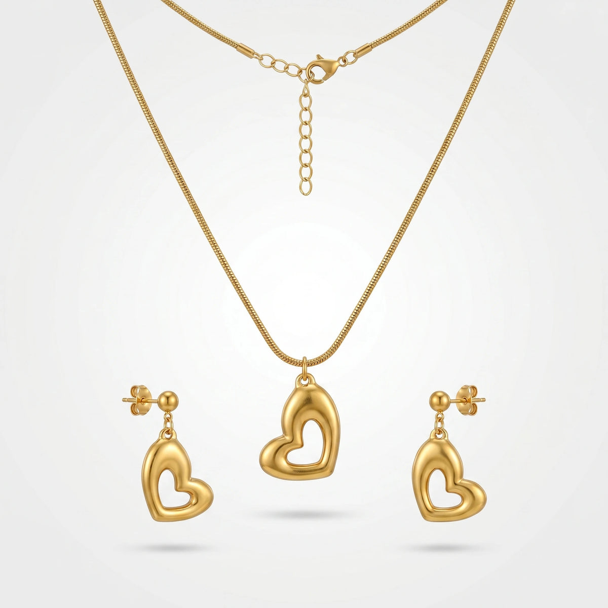 QIAOREN 11065 Premium Gold Hollow Heart Pendant Set Stainless Steel Elegant Jewelry for Women and Girls