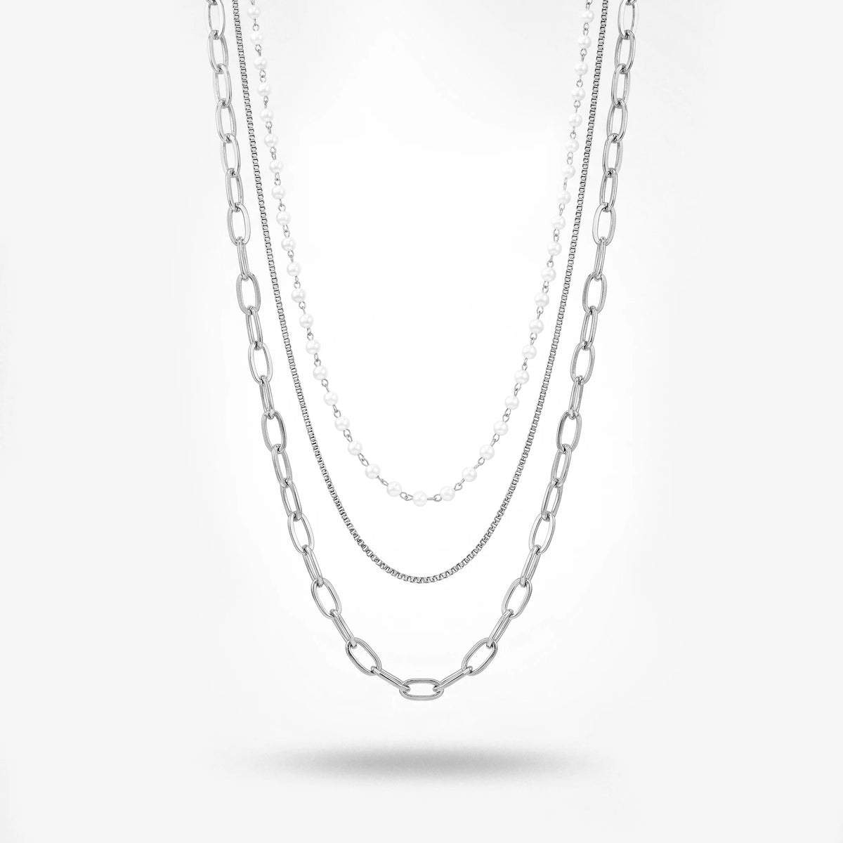 QIAOREN 11353 18K Gold Plated 3 Layered Pearl & Paperclip Chain Necklace Stainless Steel Tarnish Free