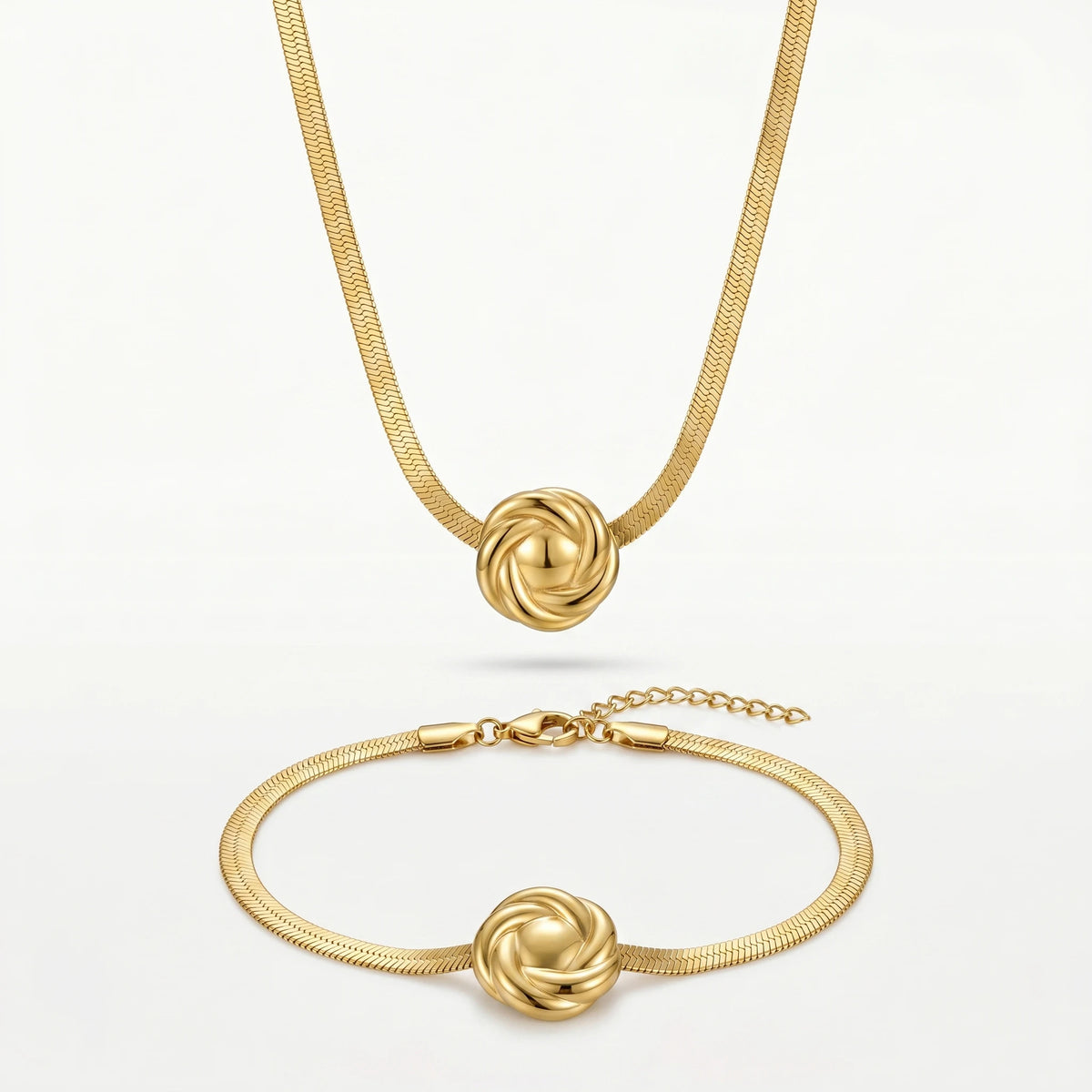QIAOREN 12135 Vintage Twisted Knot Charm Stainless Steel  Necklace Bracelet Set Tarnish Free Gold Plated Ladies Jewelry