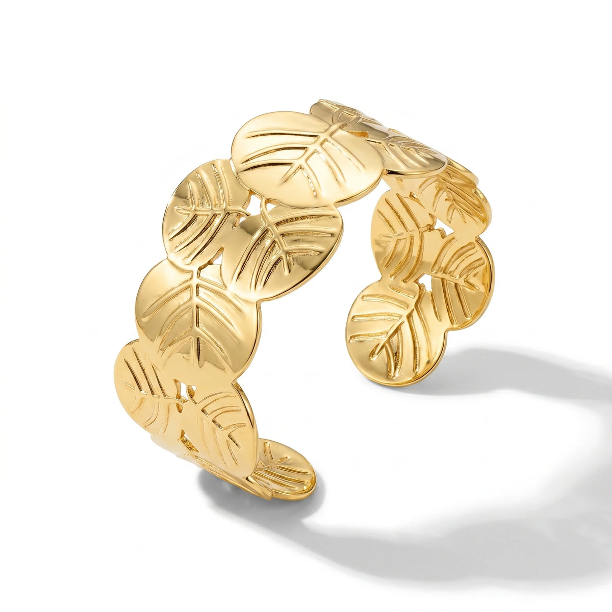 QIAOREN 12714 18K Gold Linked Leaf Hollow Wide Open Cuff Bracelet Stainless Steel Vein Textured Adjustable Trendy Women's Party