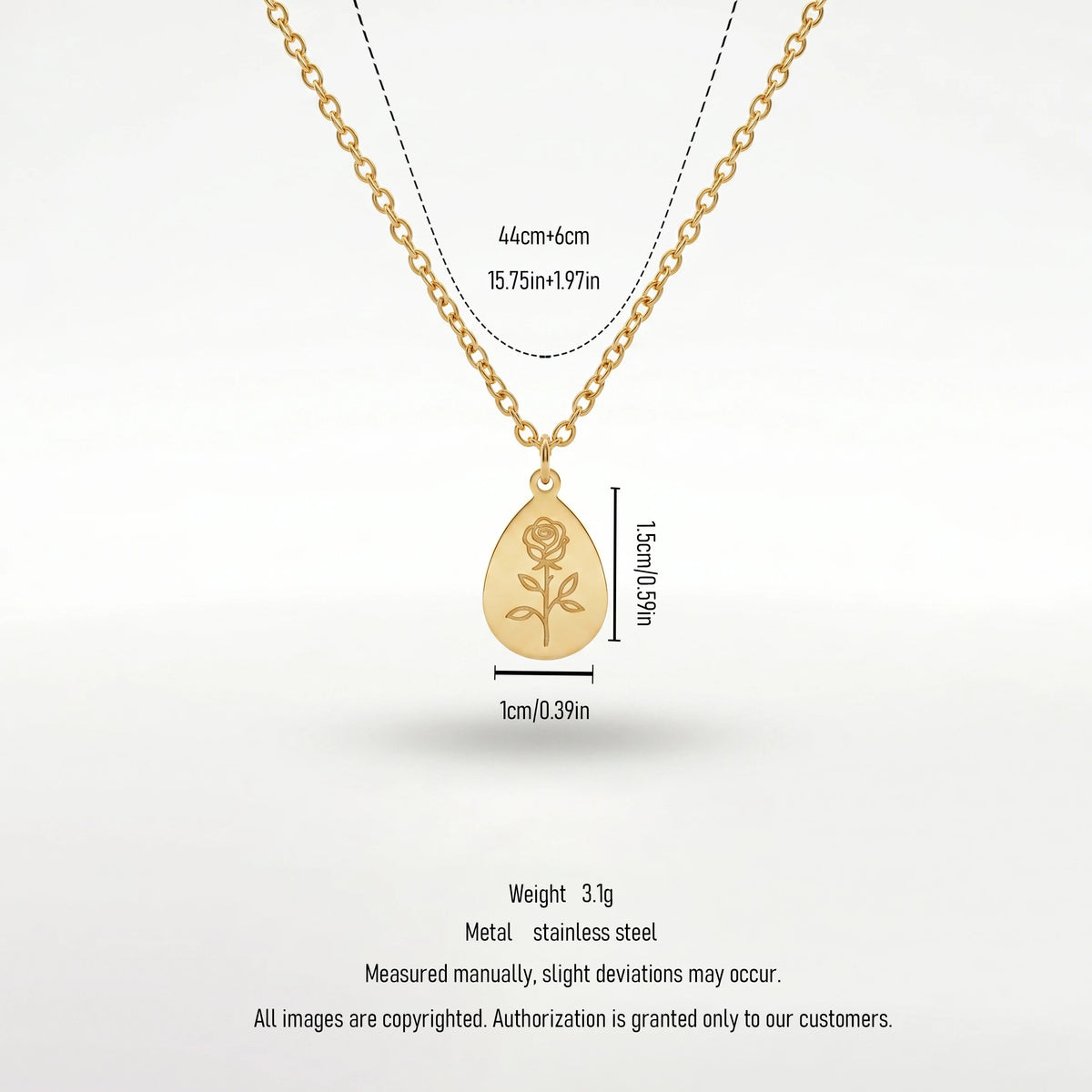 QIAOREN 11327 18K Gold Plated Teardrop Rose Engraved Pendant Necklace Stainless Steel Tarnish Free Waterproof Jewelry