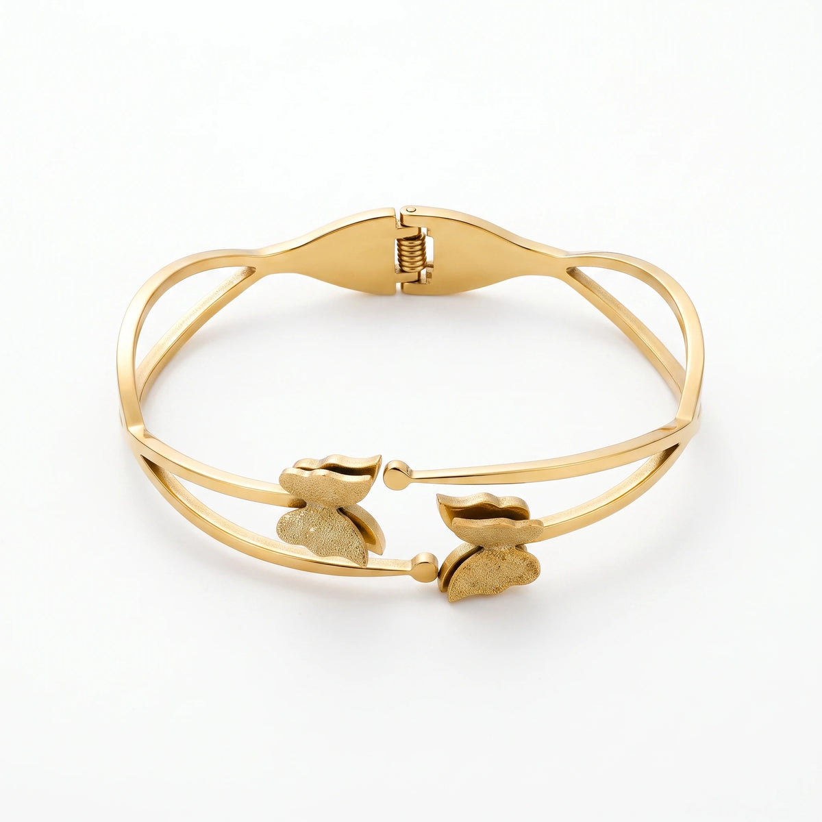 QIAOREN 13656 Trendy Hollow Double Line Butterfly Spring Bangle, Textured Matte Love Insect Decor Gold Open Cuff Bangle
