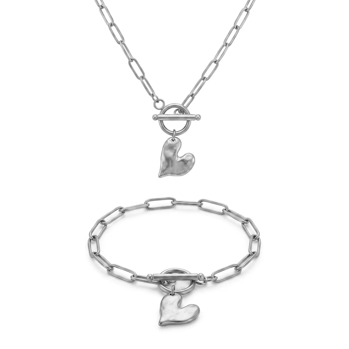 QIAOREN 11567 Stainless Steel 18K Gold Plated Heart Square Jewelry Set, Textured Grid Pattern Pendant Necklace Stud Earrings